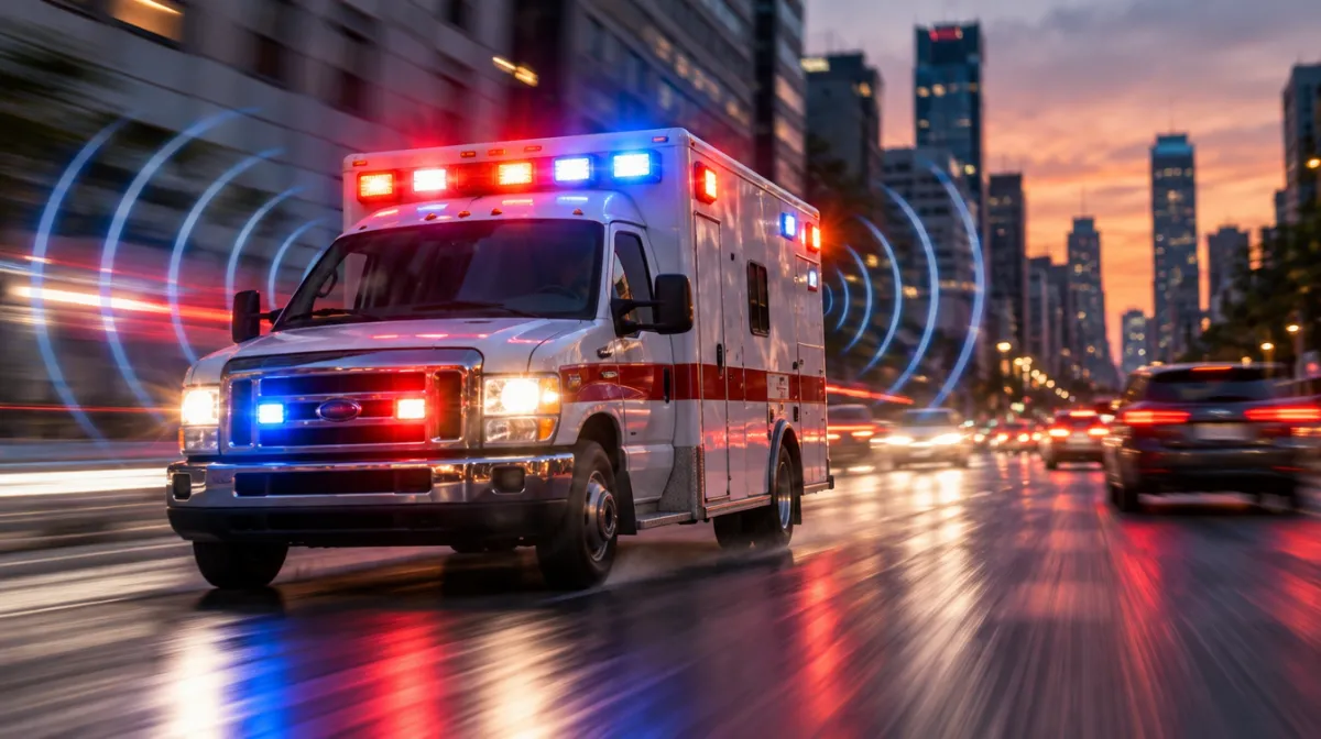 An ambulance with lights on speeding along a city street at dusk