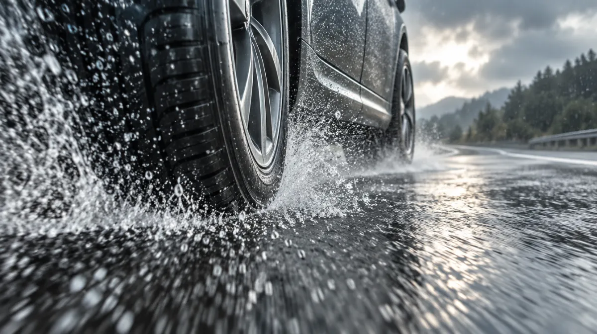Car tyres gripping a wet road surface in close-up
