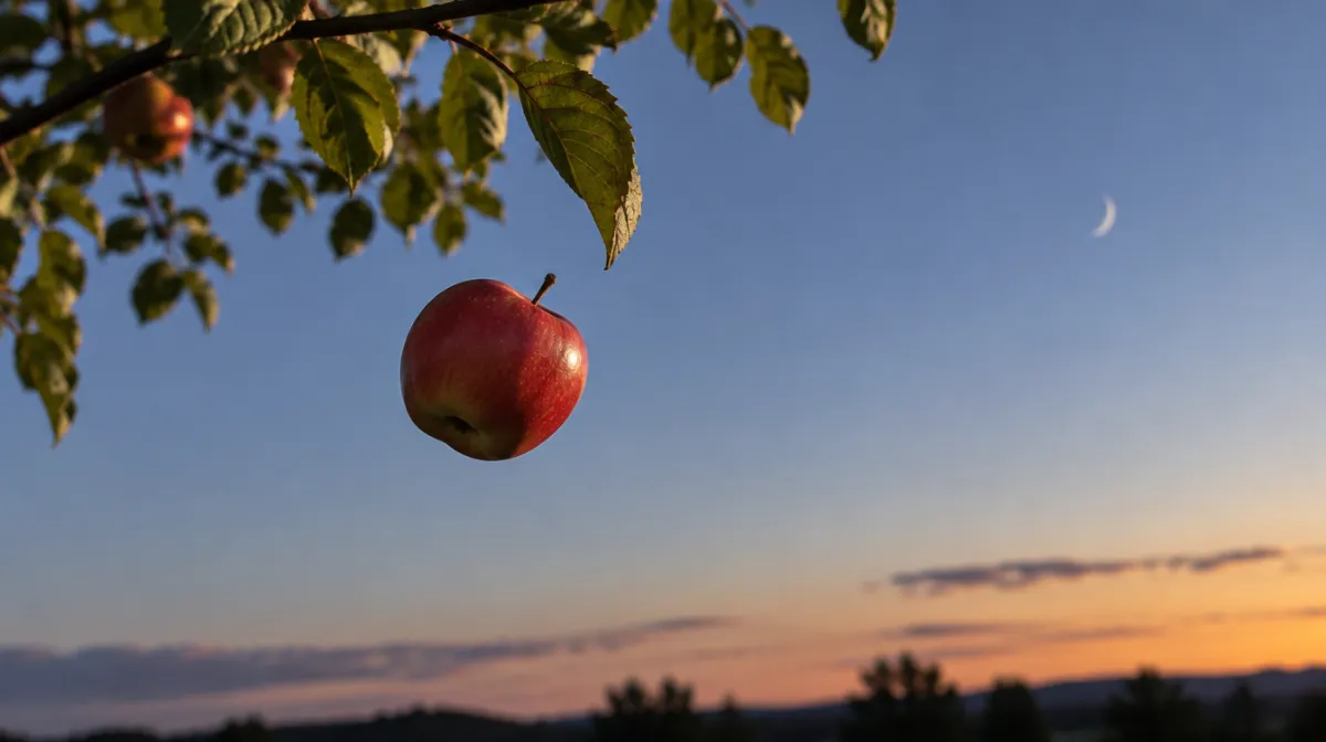 A red apple falling from a tree branch against a clear dusk sky with a faint crescent moon