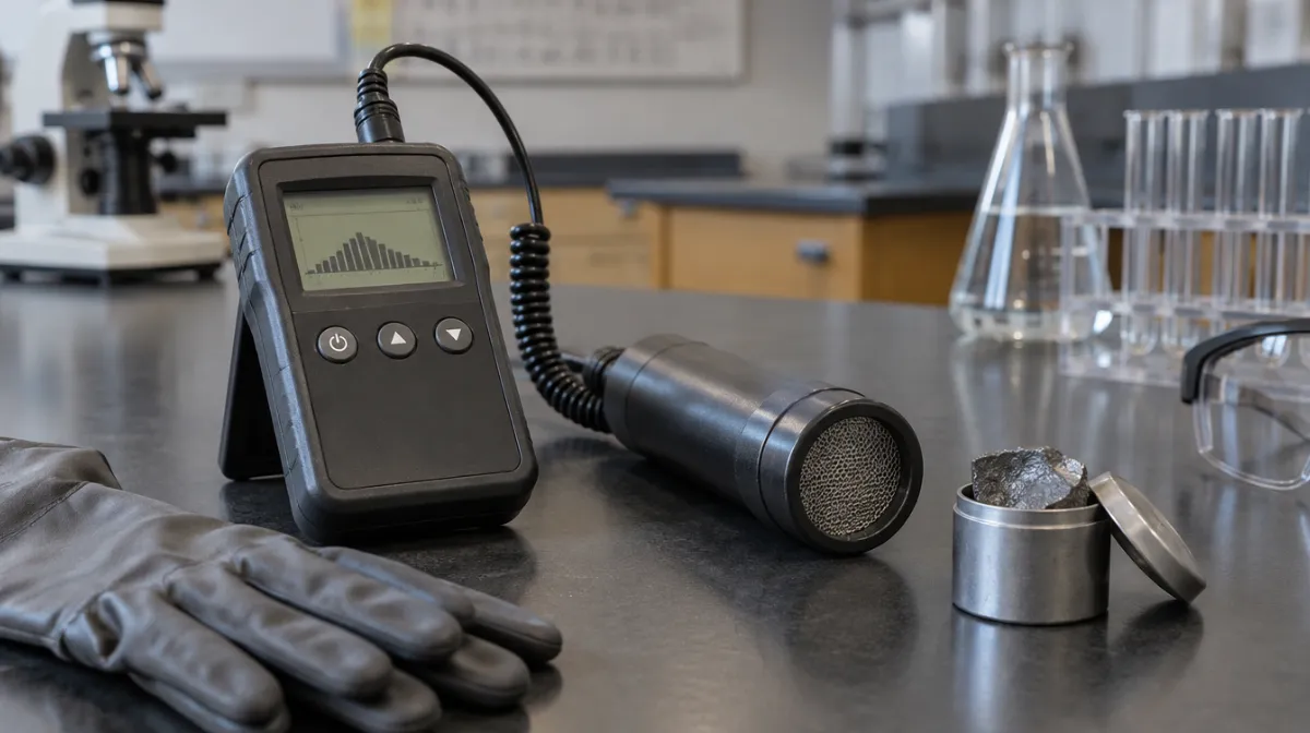 A handheld Geiger counter on a laboratory bench next to a small lead sample container and protective gloves