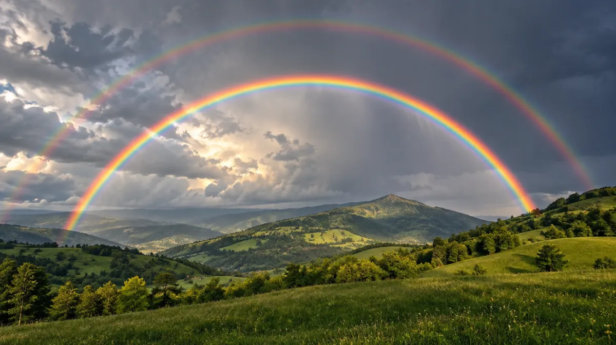 A vivid rainbow arcing over green hills after a rain shower