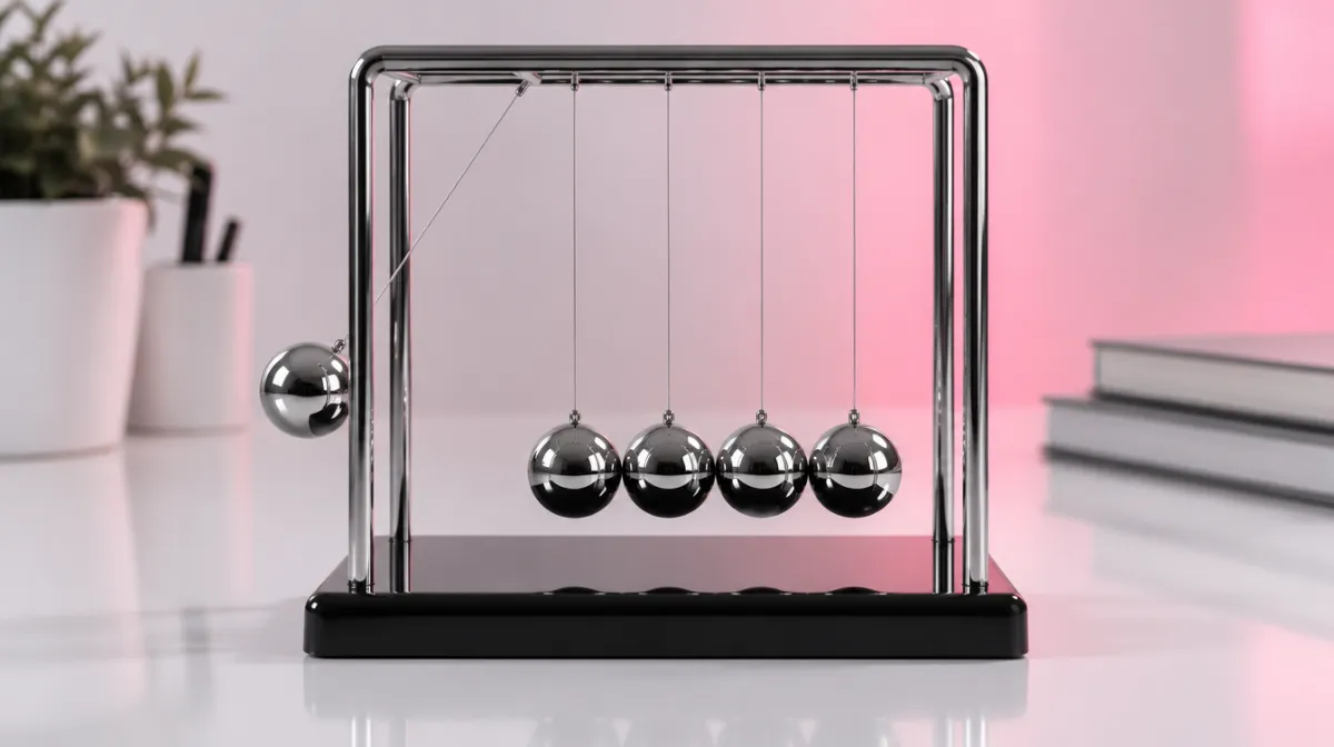 A chrome Newton’s cradle captured mid-swing on a white desk
