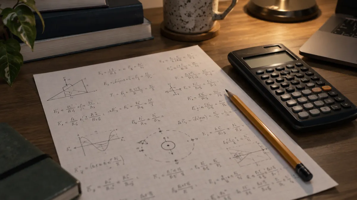 A neat handwritten physics formula sheet next to a calculator and pencil