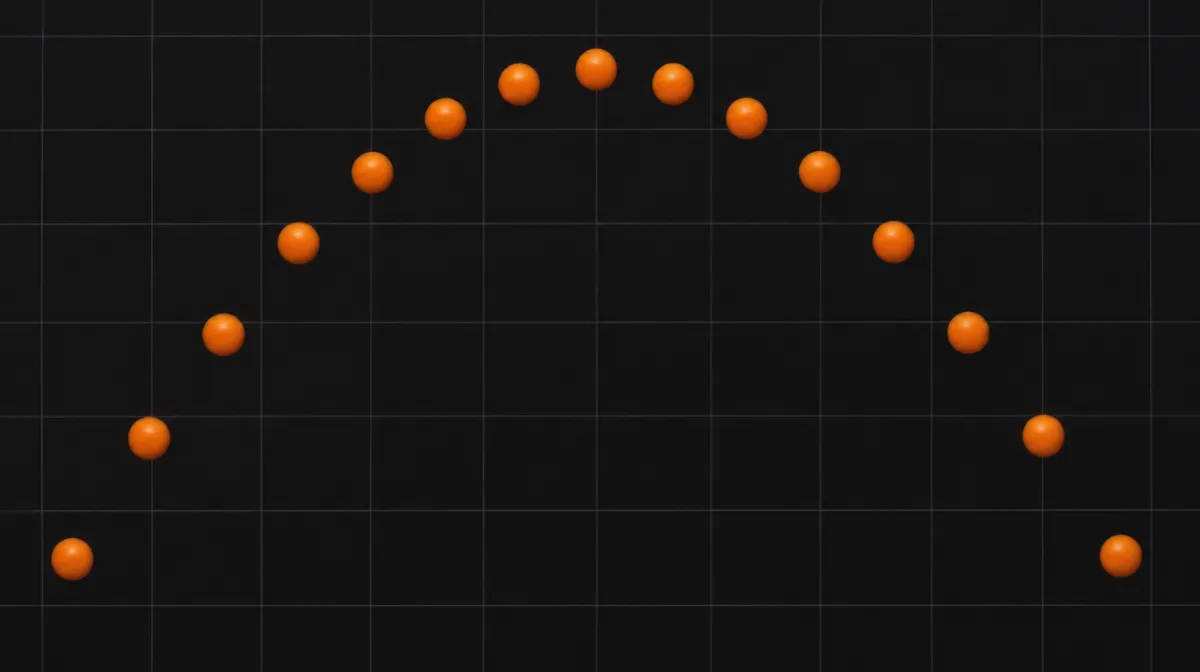 A stroboscopic photo of an orange ball tracing a parabolic arc on a dark background