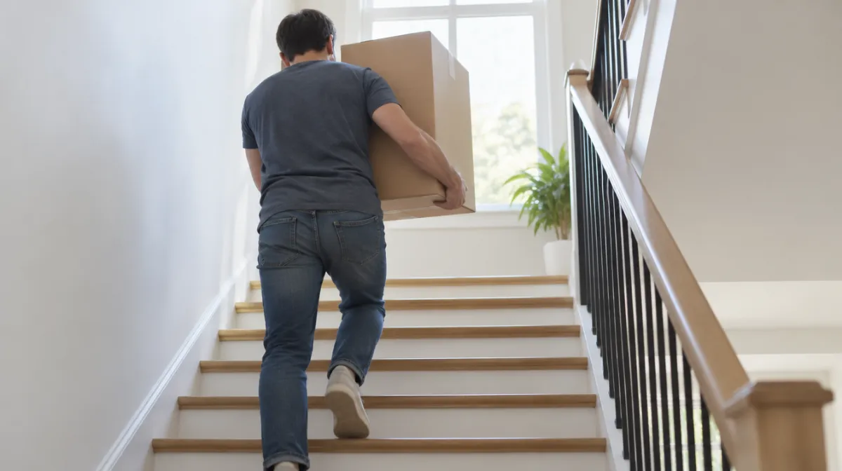A person carrying a heavy box up a flight of stairs